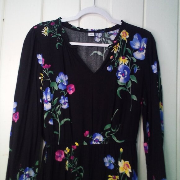 Old Navy Dress Women S Long Sleeve Elastic Waist Floral Black Colorful - Picture 8 of 16